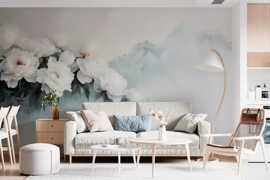 Fototapety malebné svieže biele pivonky na pozadí hmlistých hôr w03965