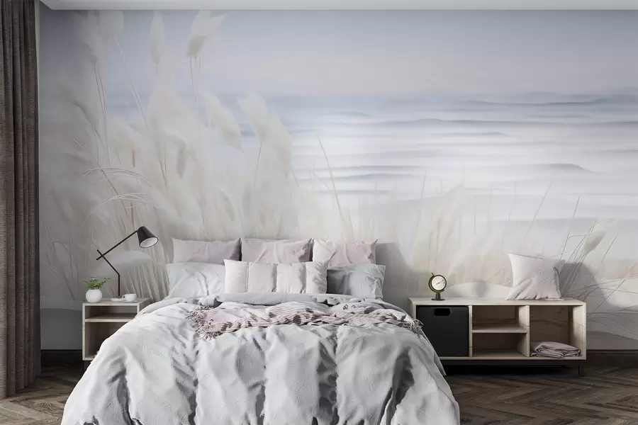 Fototapety Krajina s bielou pampovou trávou na piesočnej dune, so svetlomodrým oceánom v pozadí, jemný, minimalistický štýl w09132