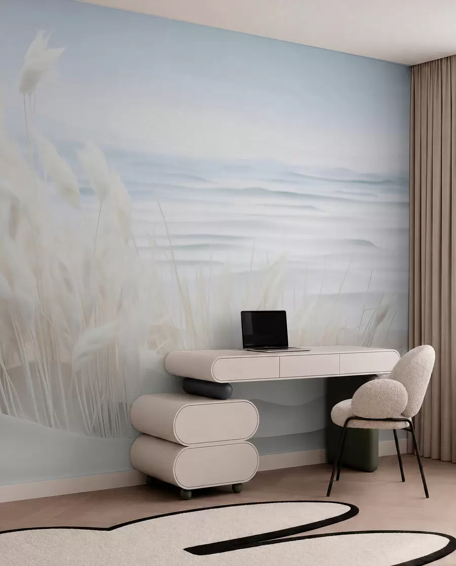 Fototapety Krajina s bielou pampovou trávou na piesočnej dune, so svetlomodrým oceánom v pozadí, jemný, minimalistický štýl w09132