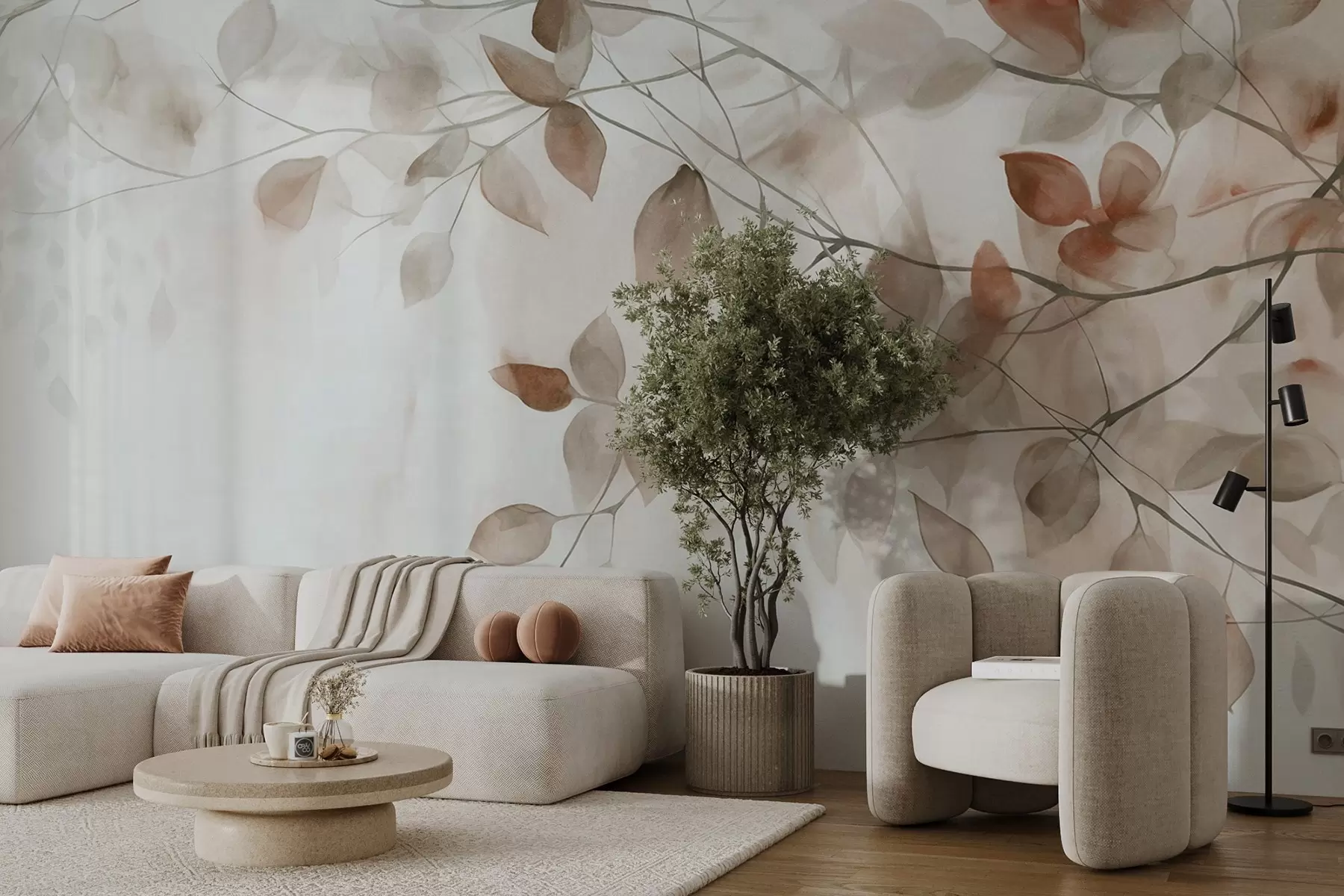 Fototapety Texturálna akvarelová maľba imitujúca hnedé listy a konáre, jemné farby, jemné detaily na bielom pozadí w09133