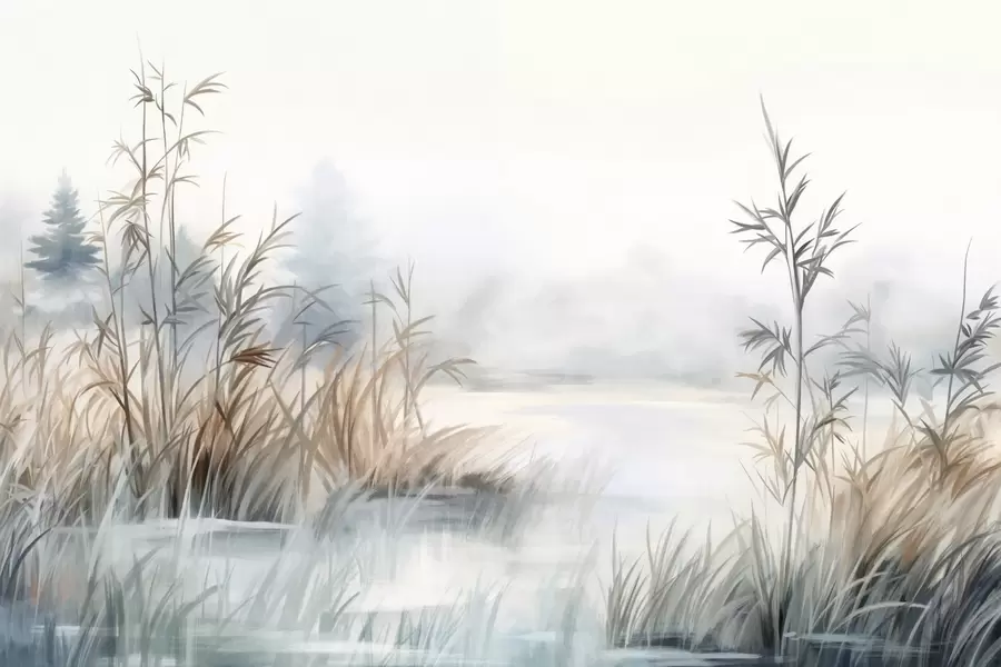 Fototapety Textúrovaná krajina jazera s vysokou trávou v popredí, jemná modrá a hnedá, pokojná voda, stromy v diaľke w09137