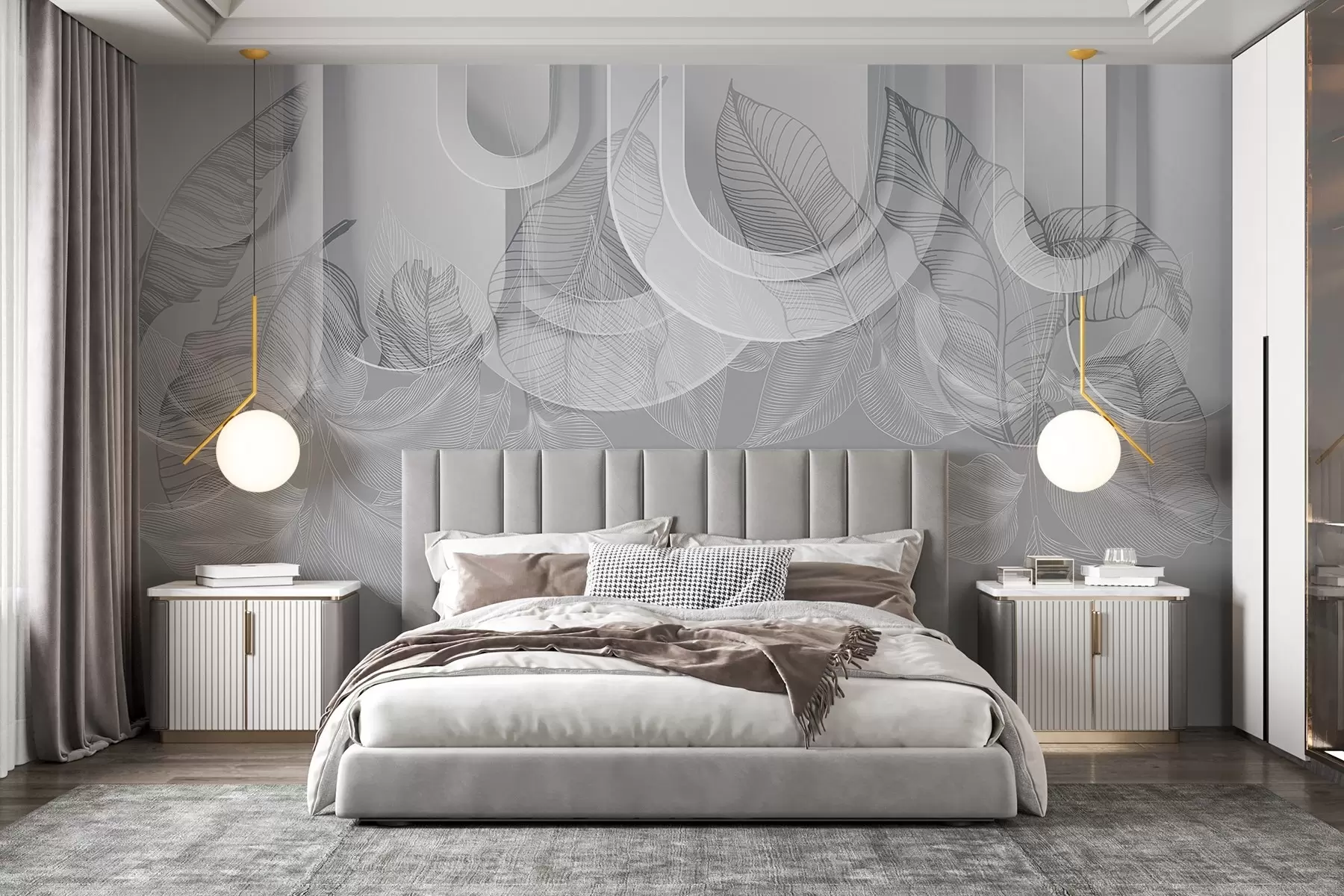 Fototapety Abstraktné pozadie so sivými oblúkmi a bielymi tropickými listami, minimalistický dizajn, elegantný a moderný, neutrálna paleta farieb w09138
