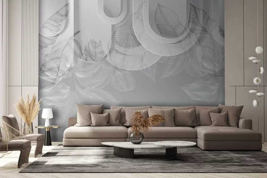 Fototapety Abstraktné pozadie so sivými oblúkmi a bielymi tropickými listami, minimalistický dizajn, elegantný a moderný, neutrálna paleta farieb w09138