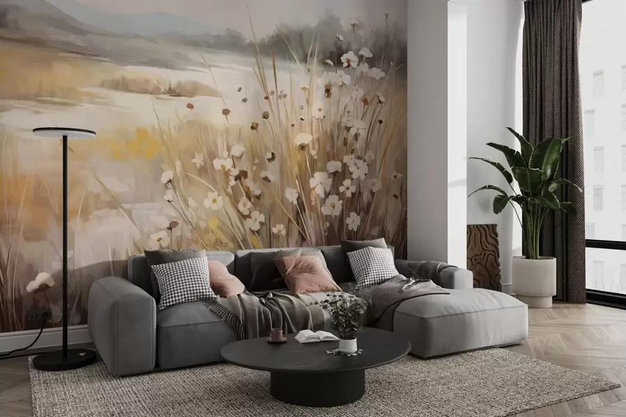 Fototapety Pole s vysokou trávou a bielymi sedmokráskami, stromy v pozadí, pod zamračenou oblohou, textúrovaná krajina, jemné ťahy štetcom w09139