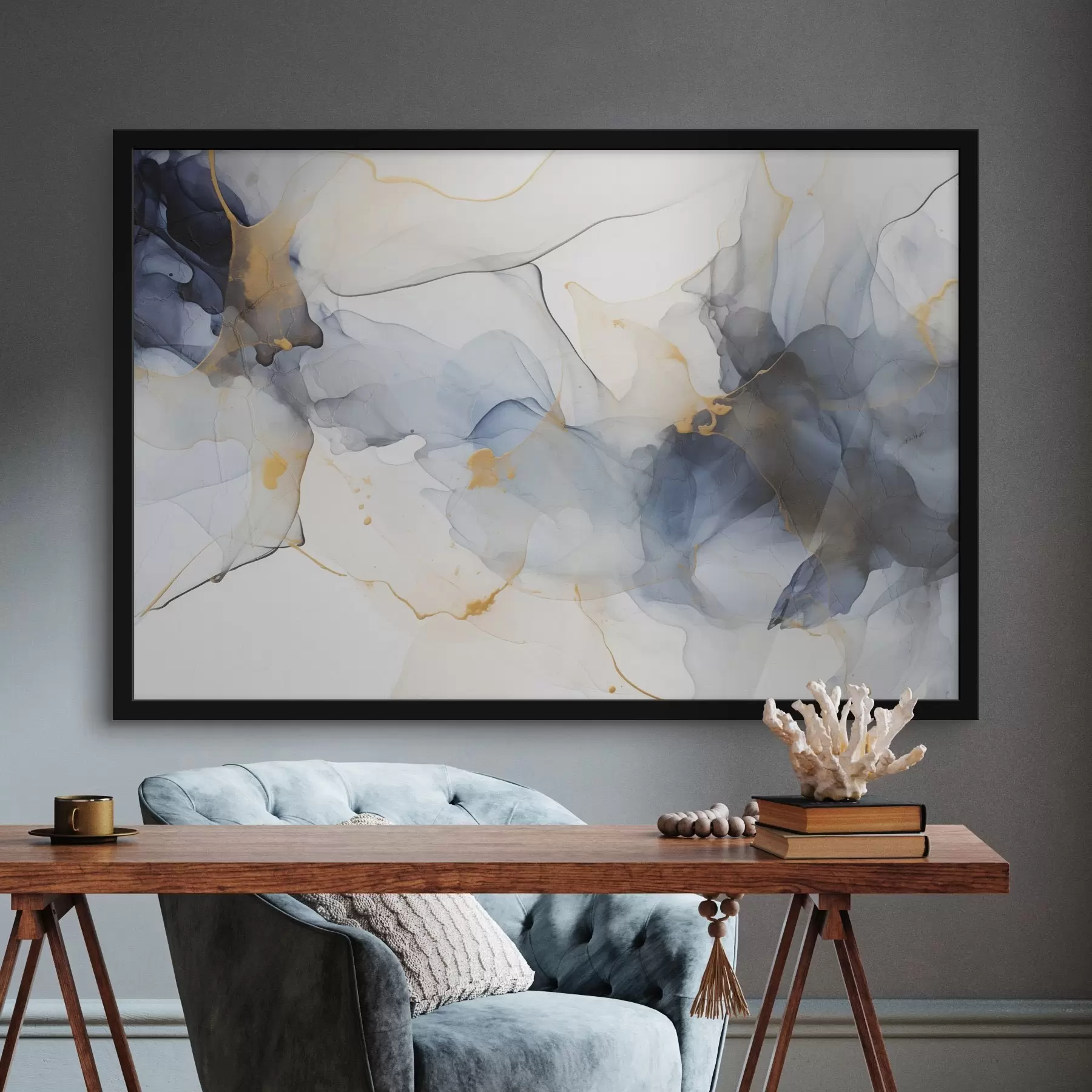 Fototapety Abstraktná maľba modrým tušom, tekuté a organické tvary, jemné textúry na bielom pozadí f44397