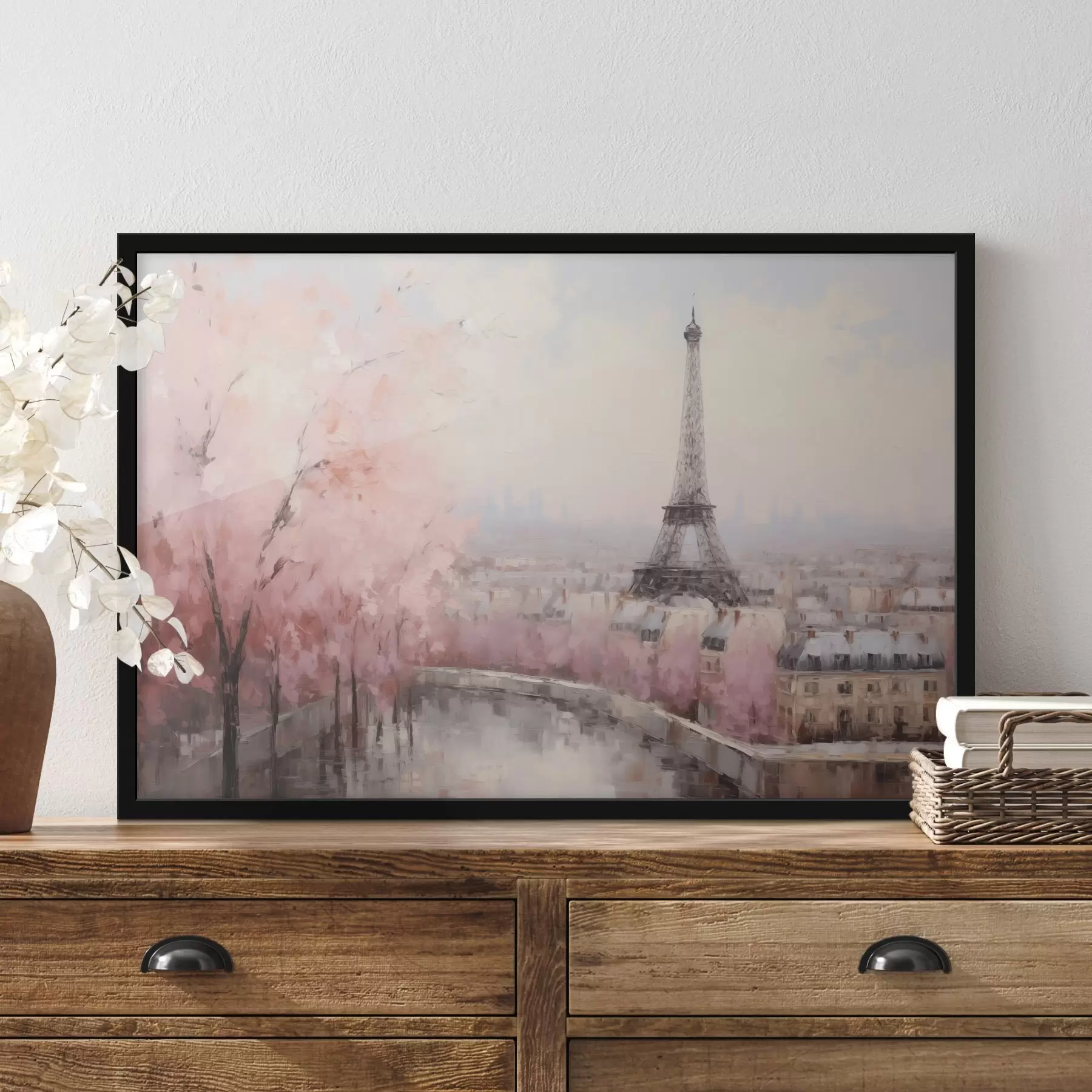 Fototapety Eiffelova veža v Paríži s jarnými rozkvitnutými čerešňami, jemné pastelové farby f44398