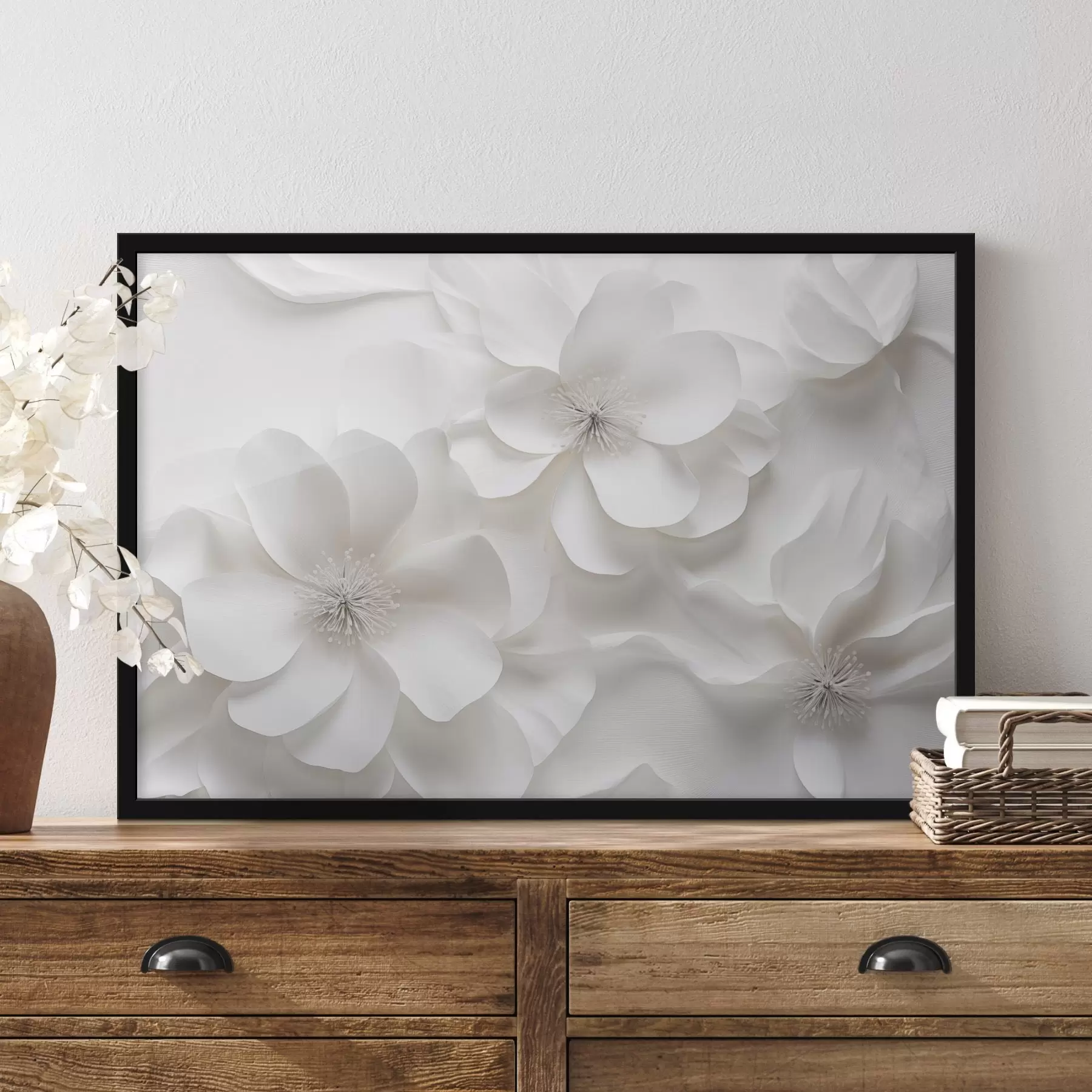 Fototapety Biele ozdobné kvety s jemnými okvetnými lístkami a zložitými tyčinkami f44406