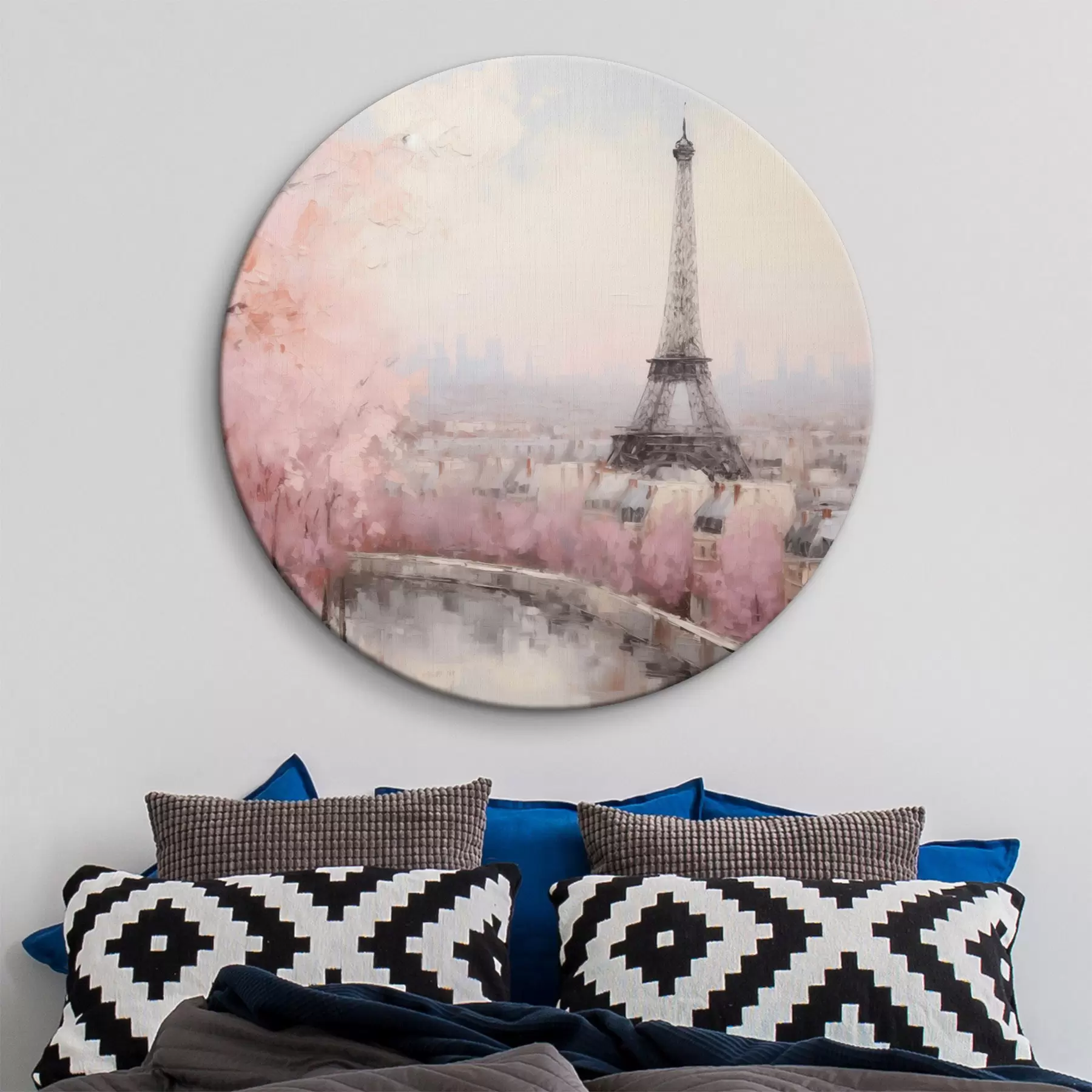 Obraz Eiffelova veža v Paríži s jarnými rozkvitnutými čerešňami, jemné pastelové farby r44398