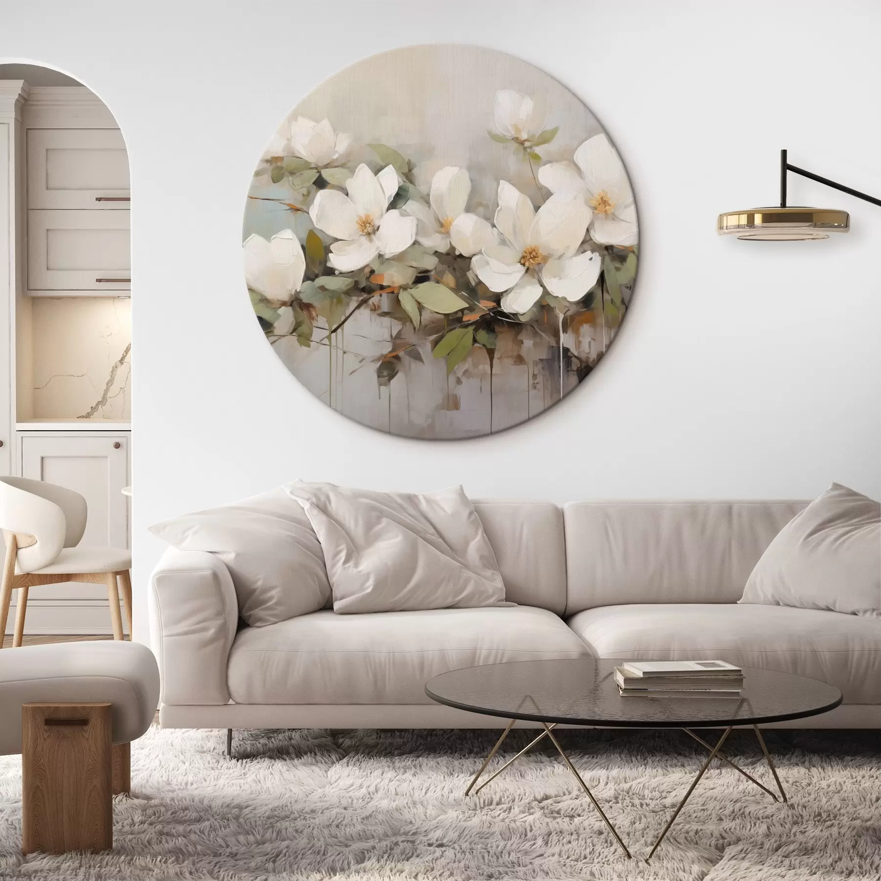 Obraz Biele kvety magnólie so zelenými listami na vetve, jemné ťahy štetcom, tlmené farby r44404