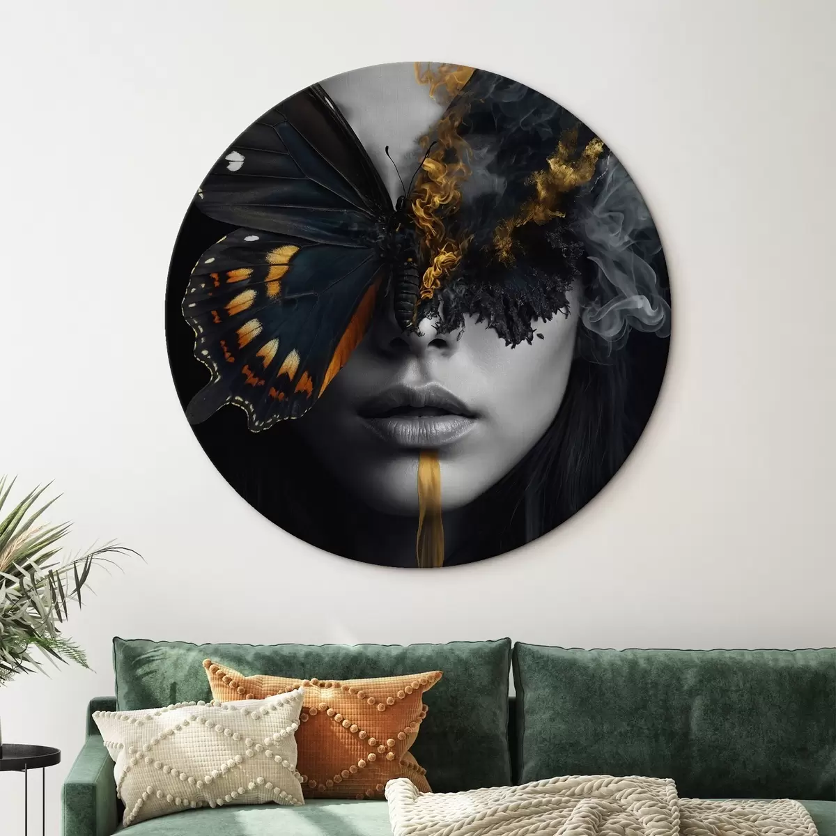 Okrúhle obrazy Horiaci motýľ na tvári dievčaťa r44468