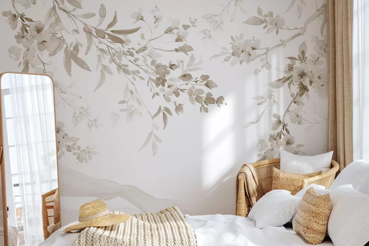 Fototapety Kvitnúce vetvy, imitácia akvarelu, béžové odtiene w03935v2 - Uwalls.sk Fototapety Kvitnúce vetvy, imitácia akvarelu, béžové odtiene w03935v2