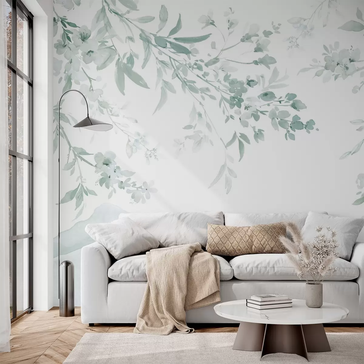 Fototapety Kvitnúce vetvy, imitácia akvarelu, zelené odtiene w03935v3 - Uwalls.sk Fototapety Kvitnúce vetvy, imitácia akvarelu, zelené odtiene w03935v3