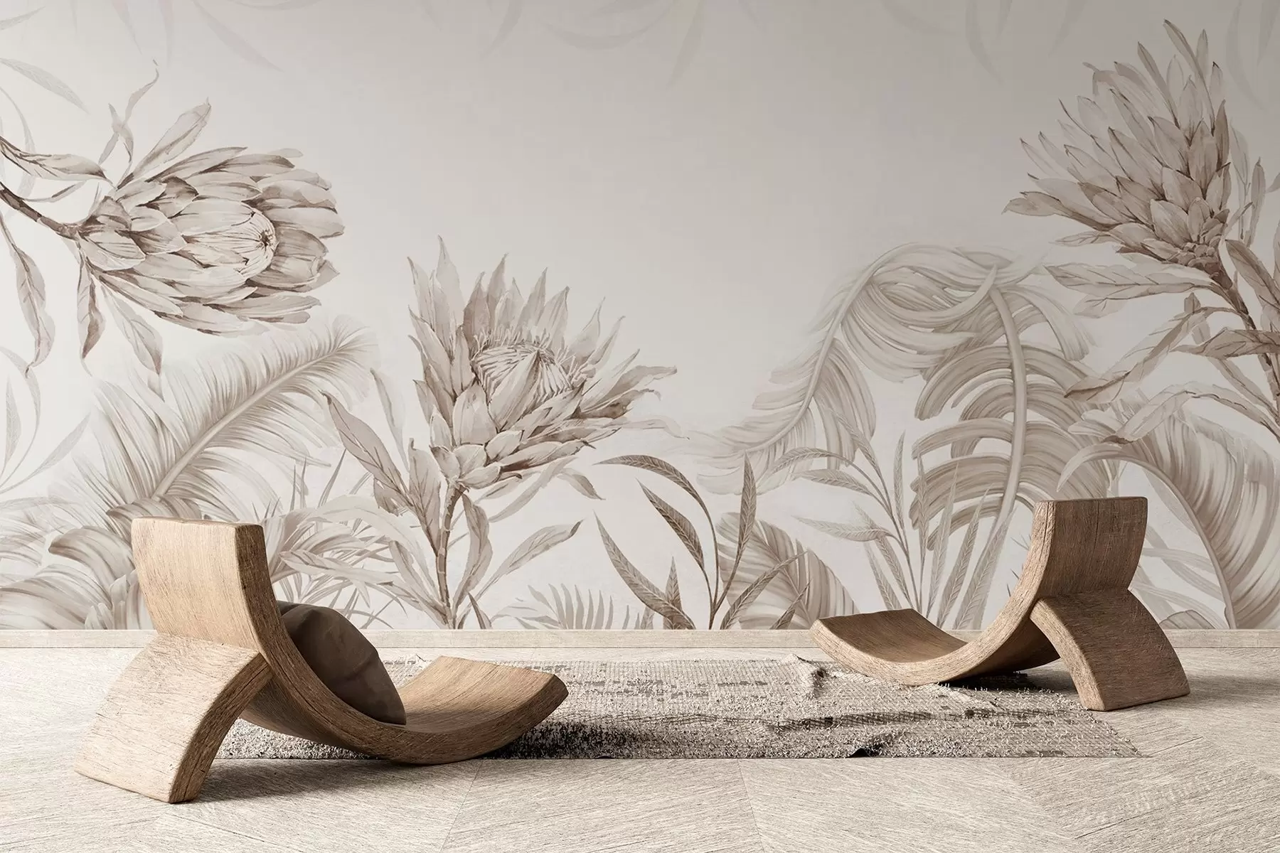 Fototapety Protea medzi tropickými listami, béžové odtiene w03952