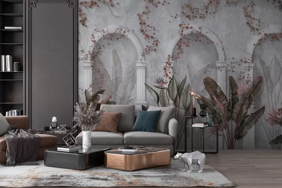 Fototapety Betónová stena s oblúkmi a tropickými rastlinami, kvetinové, bordové farby w04065v1