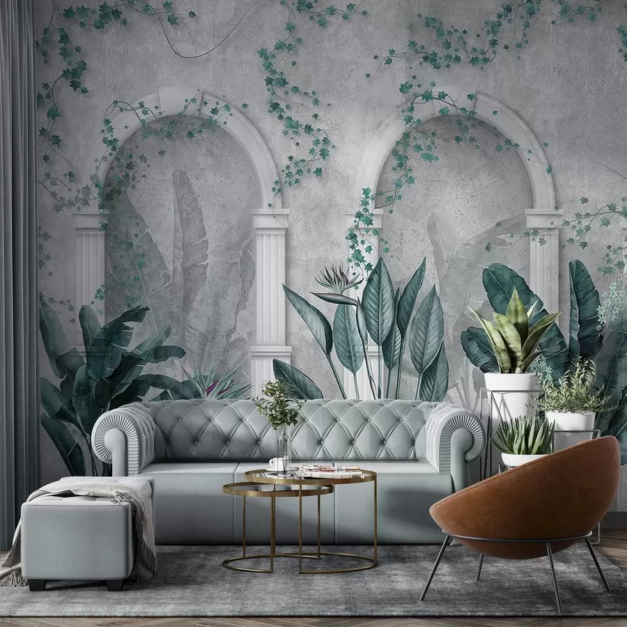 Fototapety Betónová stena s oblúkmi a tropickými rastlinami, kvetinové, modré farby w04065v2