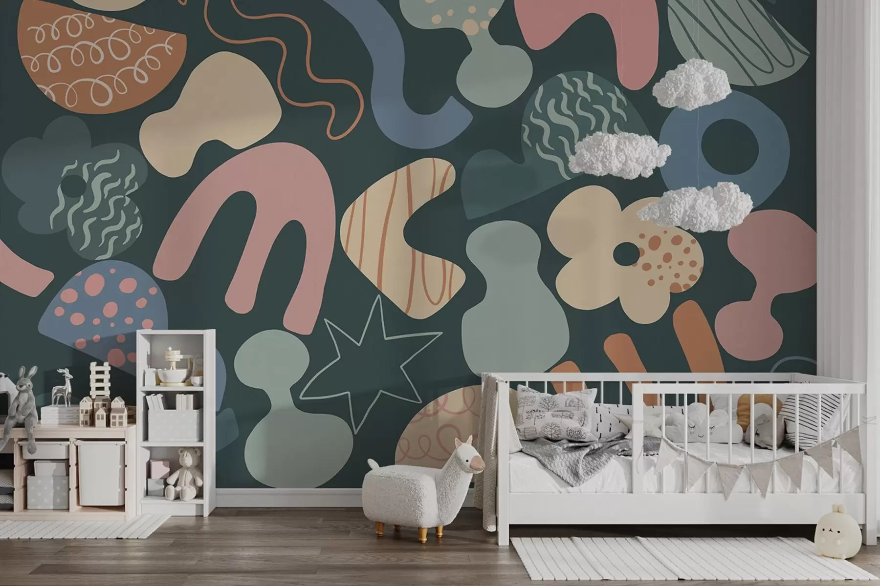 Fototapety Geometrické postavy s čmáranicami kresba, mladistvý, tmavozelené pozadie   w04068v3