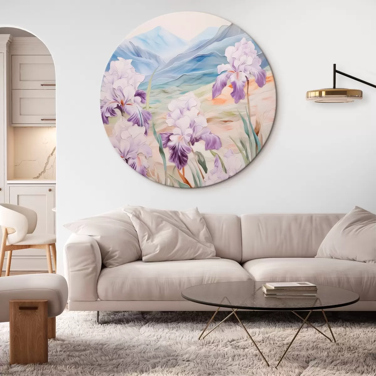 Okrúhle obrazy Kosatce na pozadí hôr r44599