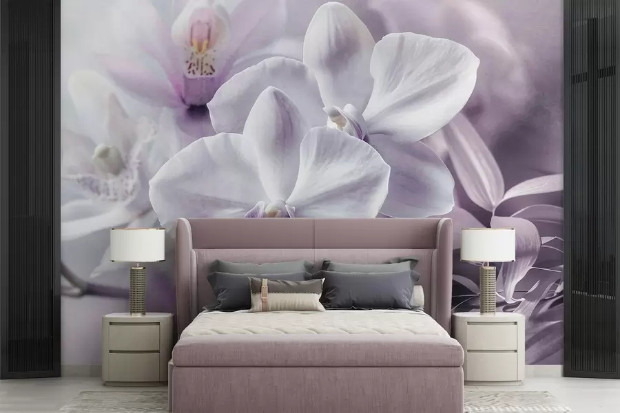 Fototapety Biele a lila jemné kvety orchideí, jemné osvetlenie a rozmazané textúrované pozadie  w09155
