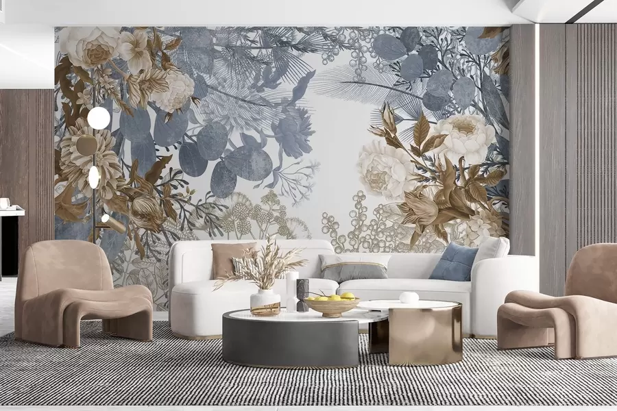 Fototapety Vintage kvetinový aranžmán s ružami, eukalyptom a mimózou v modrých a hnedých odtieňoch  w09164