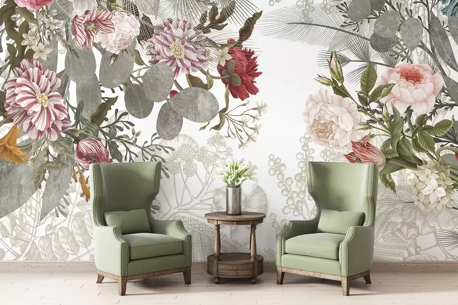 Fototapety Vintage kvetinový aranžmán s ružami, eukalyptom a mimózou v tlmených odtieňoch zelenej, červenej a ružovej w09164v1