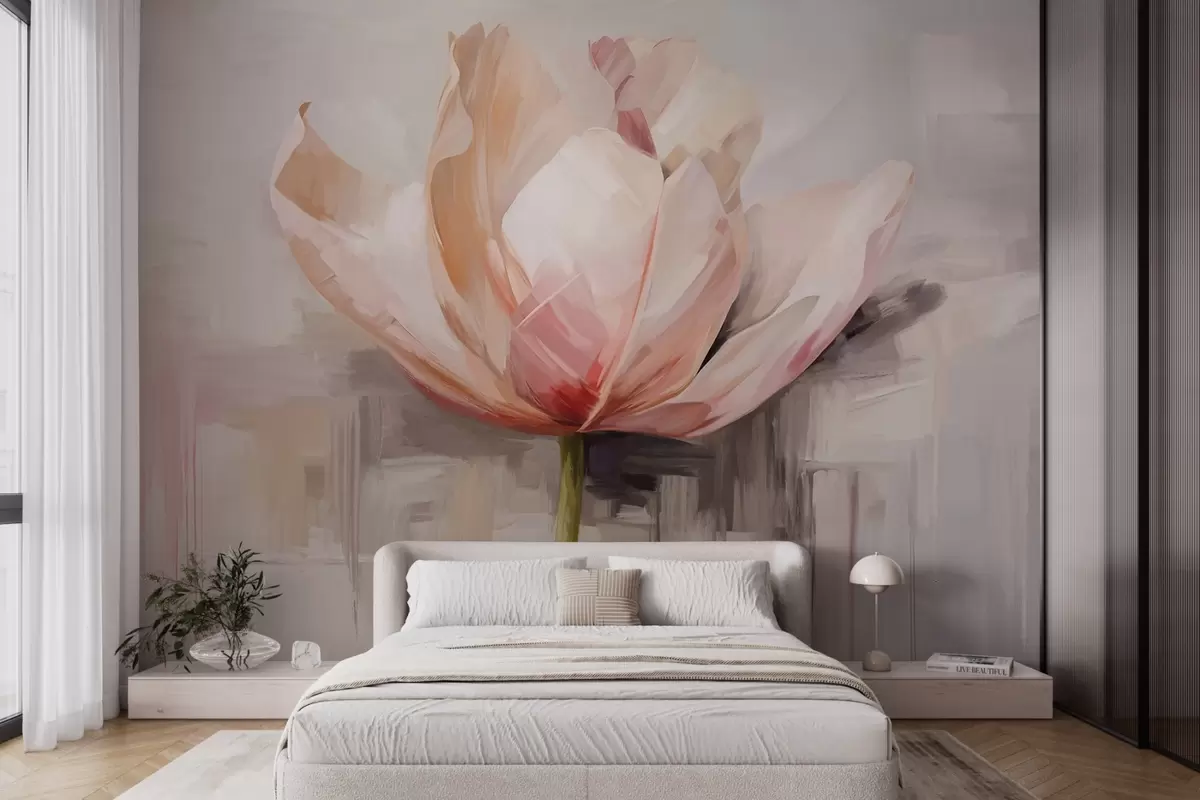 Fototapety Ružový tulipán, imitácia olejomaľby s jemnými ťahmi štetca, abstraktné pozadie s pastelovými odtieňmi sivej a béžovej w09187 - Uwalls.sk Fototapety Ružový tulipán, imitácia olejomaľby s jemnými ťahmi štetca, abstraktné pozadie s pastelovými odtieňmi sivej a béžovej w09187