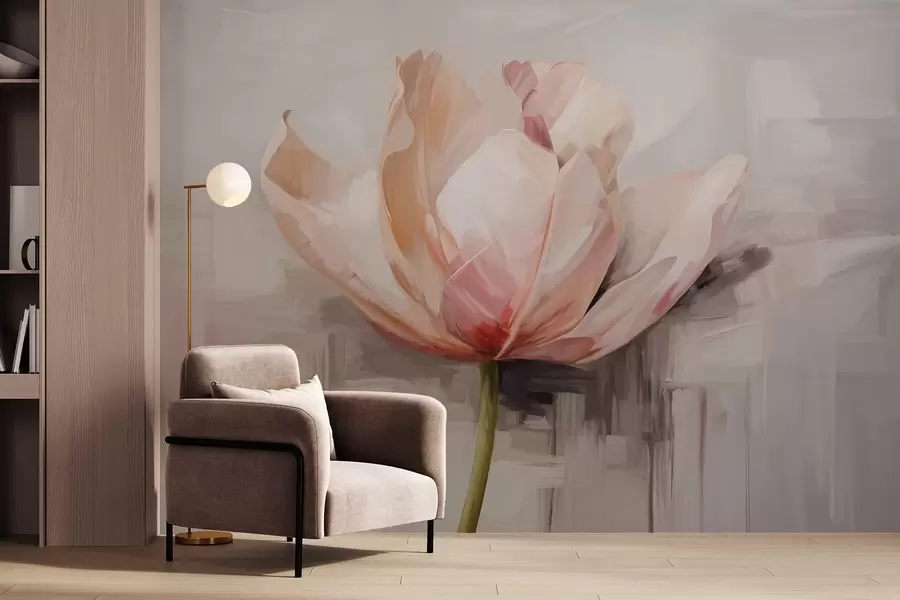 Fototapety Ružový tulipán, imitácia olejomaľby s jemnými ťahmi štetca, abstraktné pozadie s pastelovými odtieňmi sivej a béžovej w09187