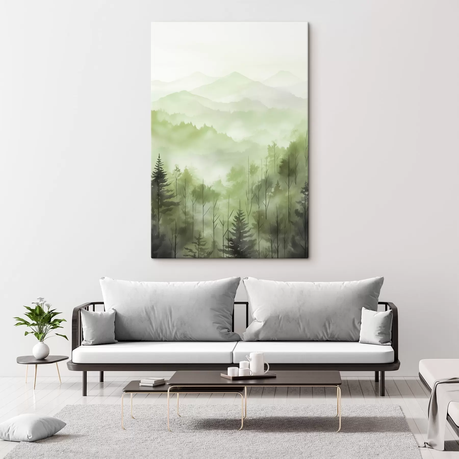 Fototapety Hory s lesnou krajinou, zelené farby, akvarel s44606