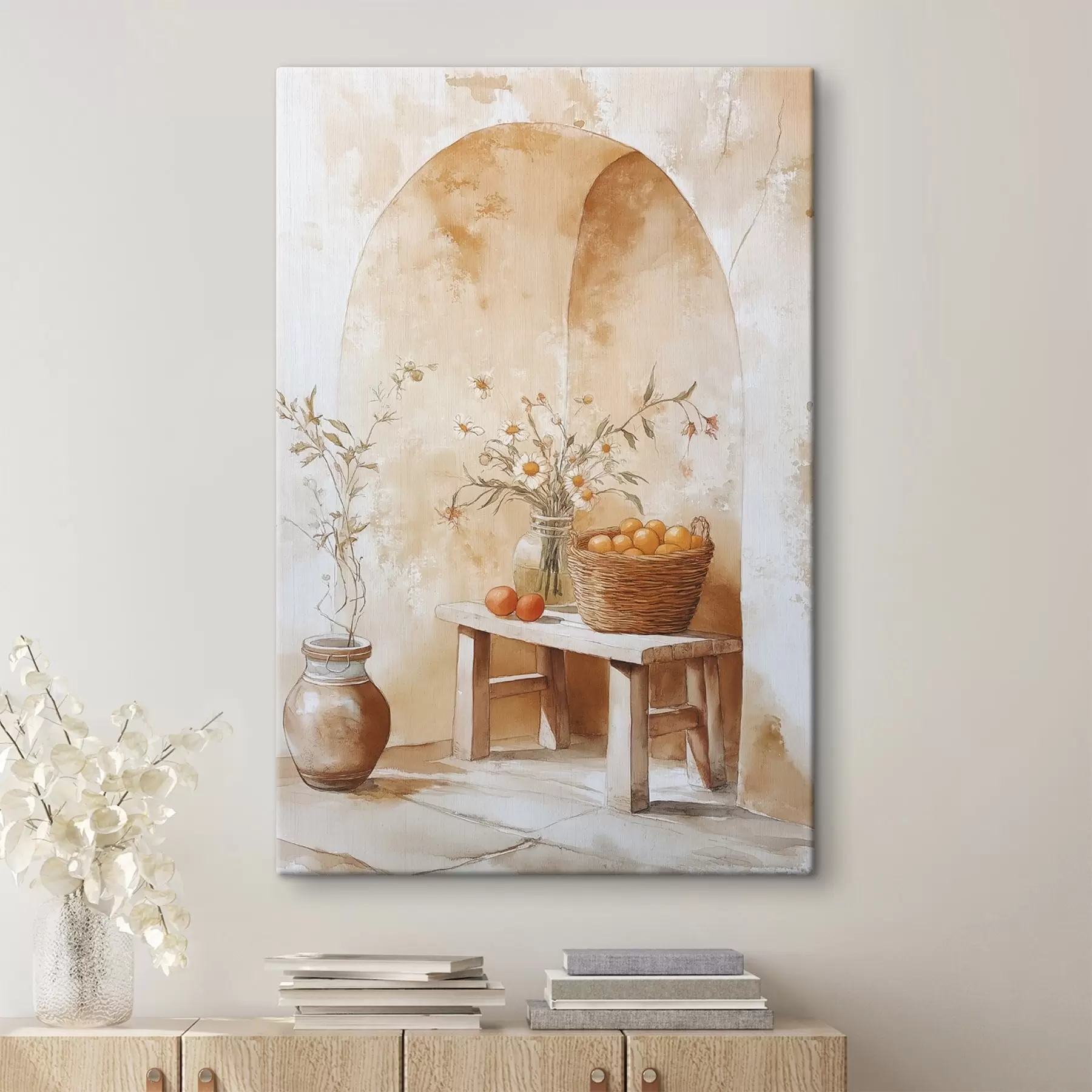 Fototapety Oblúková stena so starožitnou nádobou, kvetmi harmančeka a košíkom pomarančov  s44613