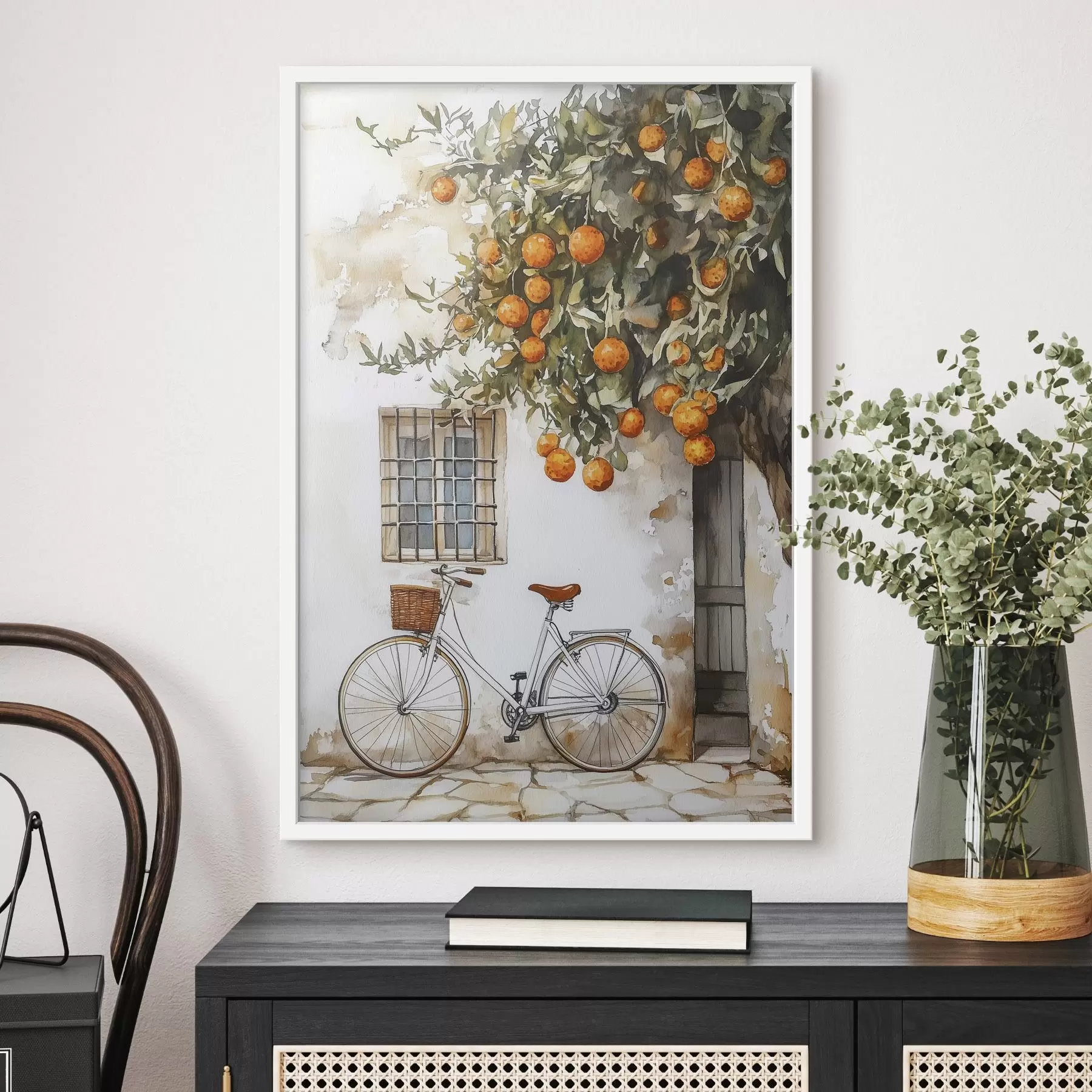Fototapety Stredomorský biely dom s pomarančovníkom a bicyklom f44610