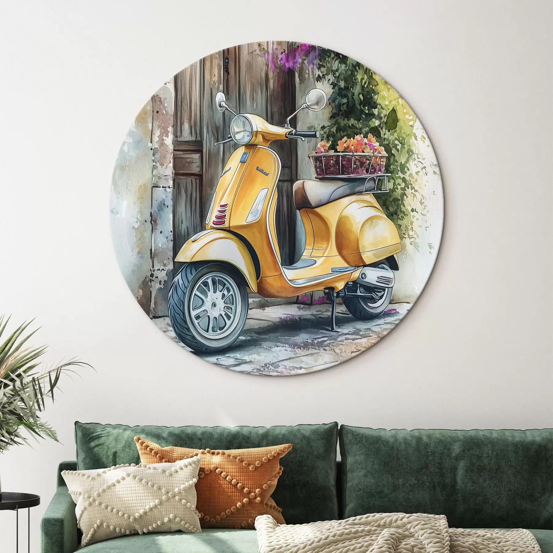 Obraz Žltý skúter Vespa pri drevených dverách s kvetmi r44607