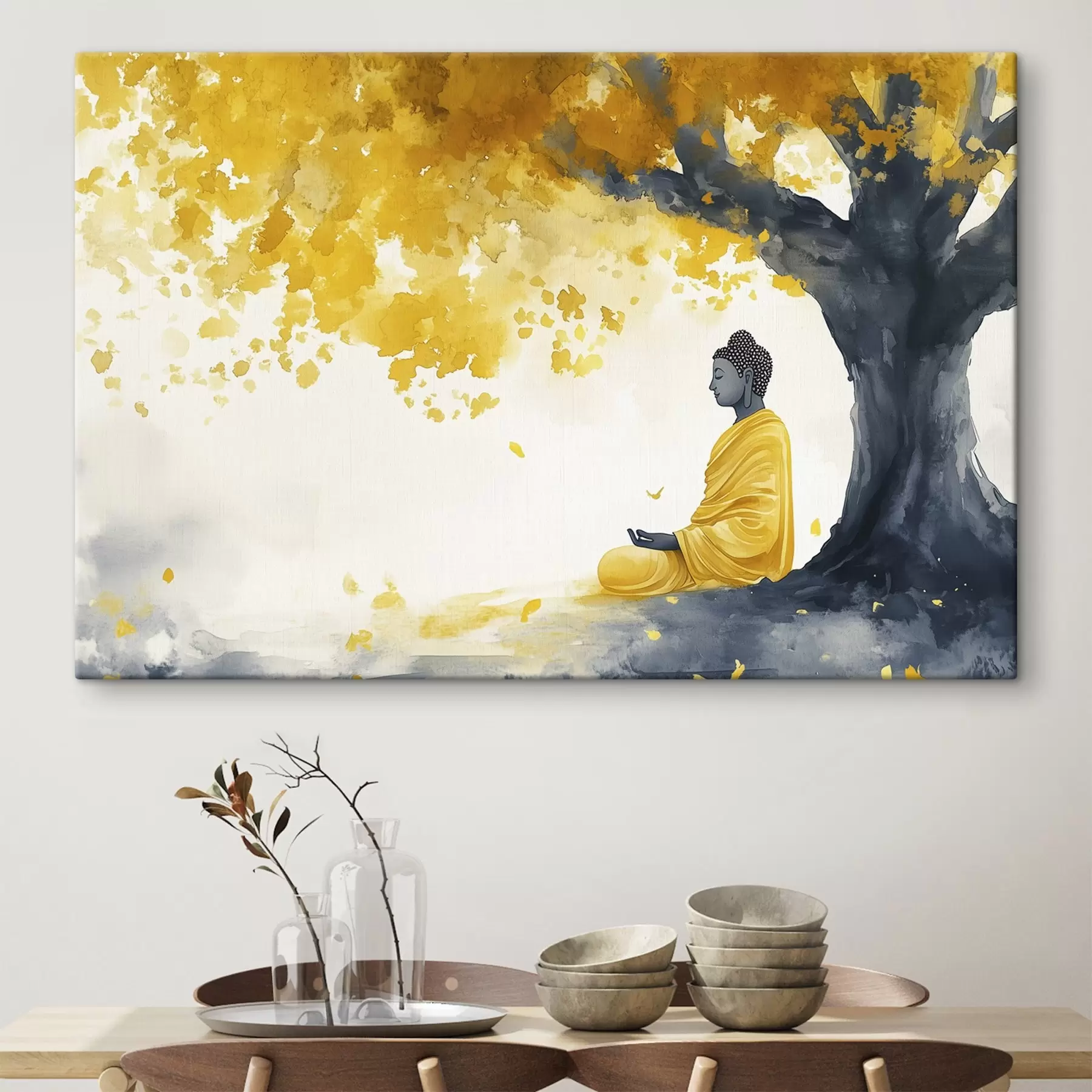 Fototapety Meditujúci Budha pod stromom, žlté a sivé farby s44509