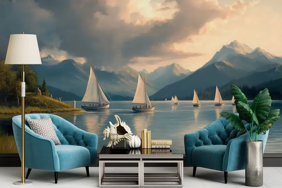 Fototapety regata na jazere so zamračenou oblohou v štýle olejomaľby z 19. storočia w04076