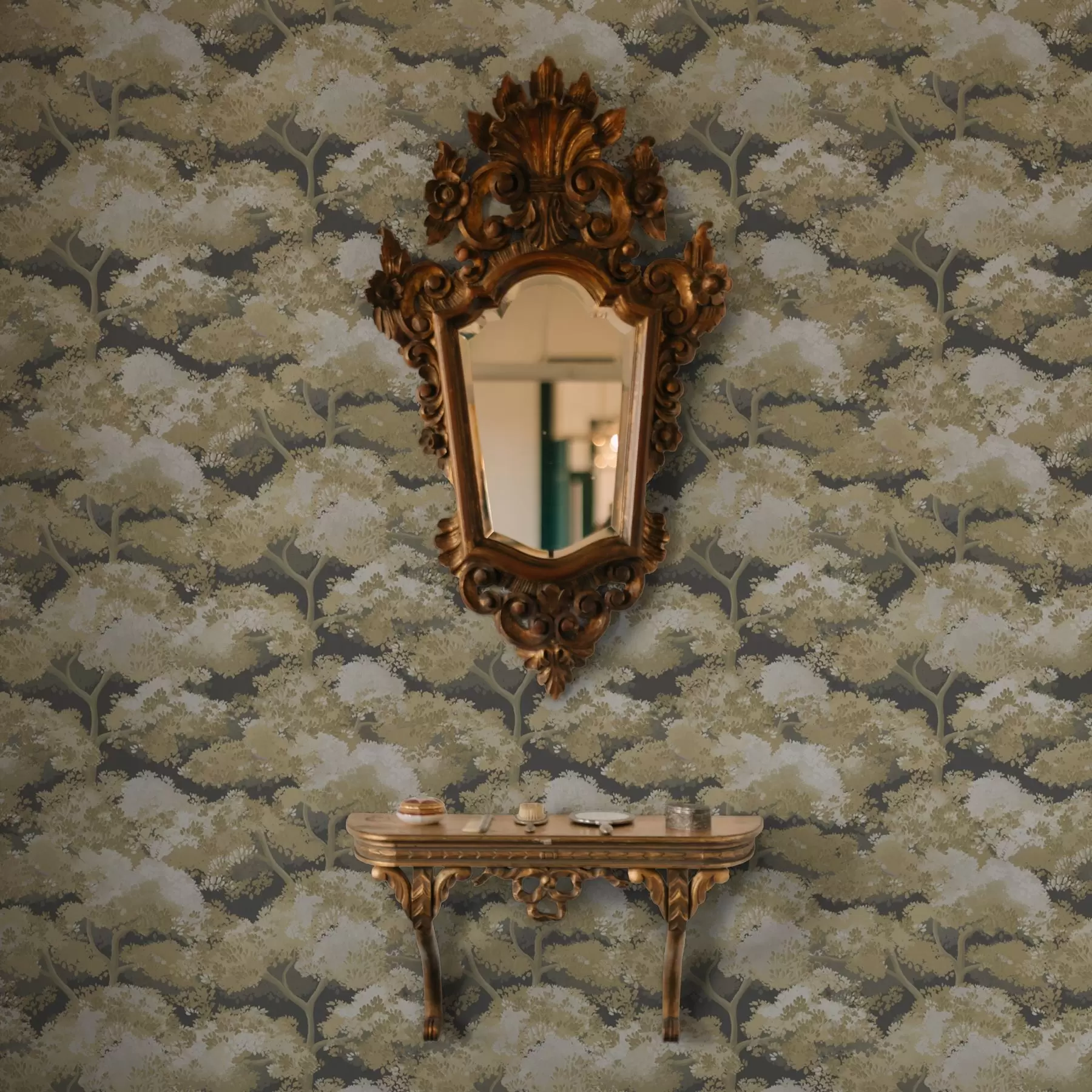 Fototapety Tmavý lesný vzor so stromami v teplých farbách a00170