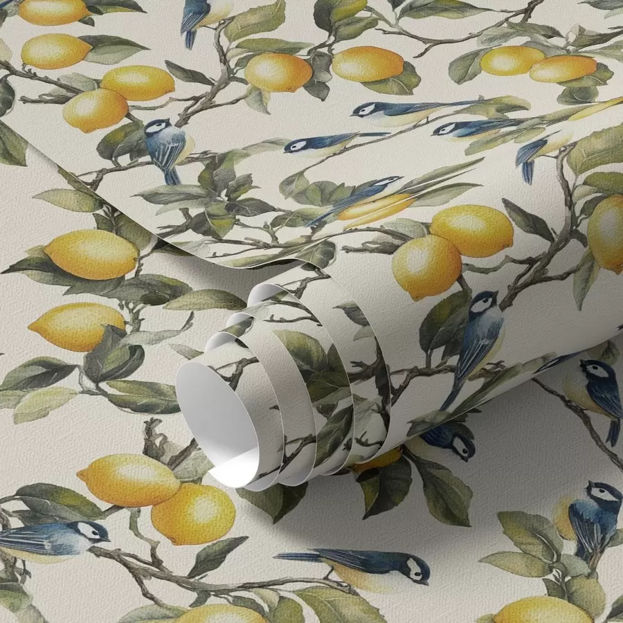 Fototapety Vtáky a citróny na konároch, akvarelová botanická kresba a00207