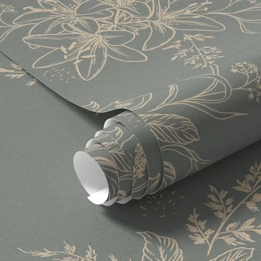 Fototapety Obrysové kvety na modro-šedom pozadí, elegantný botanický vzor a00226