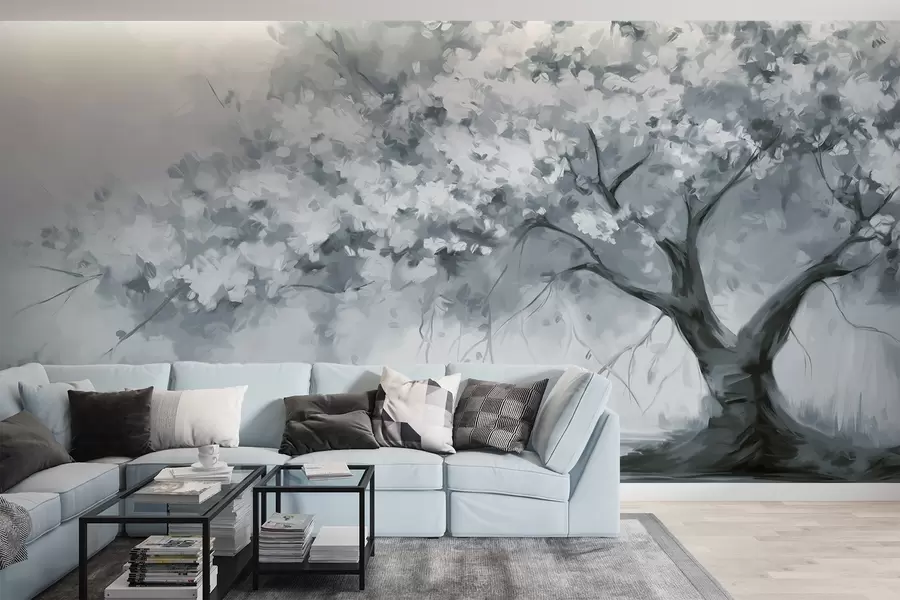 Fototapety Abstraktné tlmené modré kvety stromu v plnom kvete, vedľa rieky, mäkké textúrované ťahy štetcom a pastelové farby w09193v2