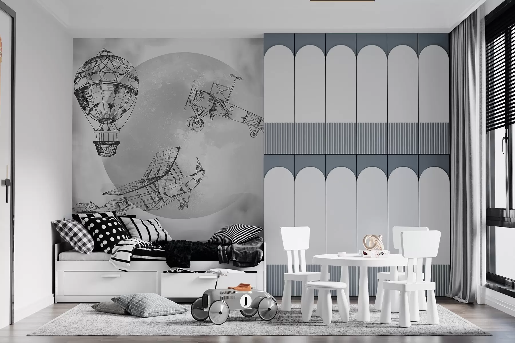 Fototapety Retro lietadlá na pozadí mesiaca a oblakov w04085