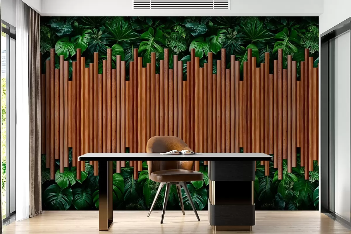 Fototapety Imitácia drevených panelov a zelenej steny w04138