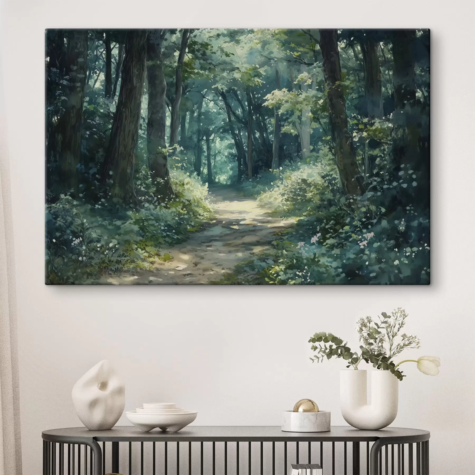 Fototapety Zelený les so stromami a slnečným svetlom  s44784