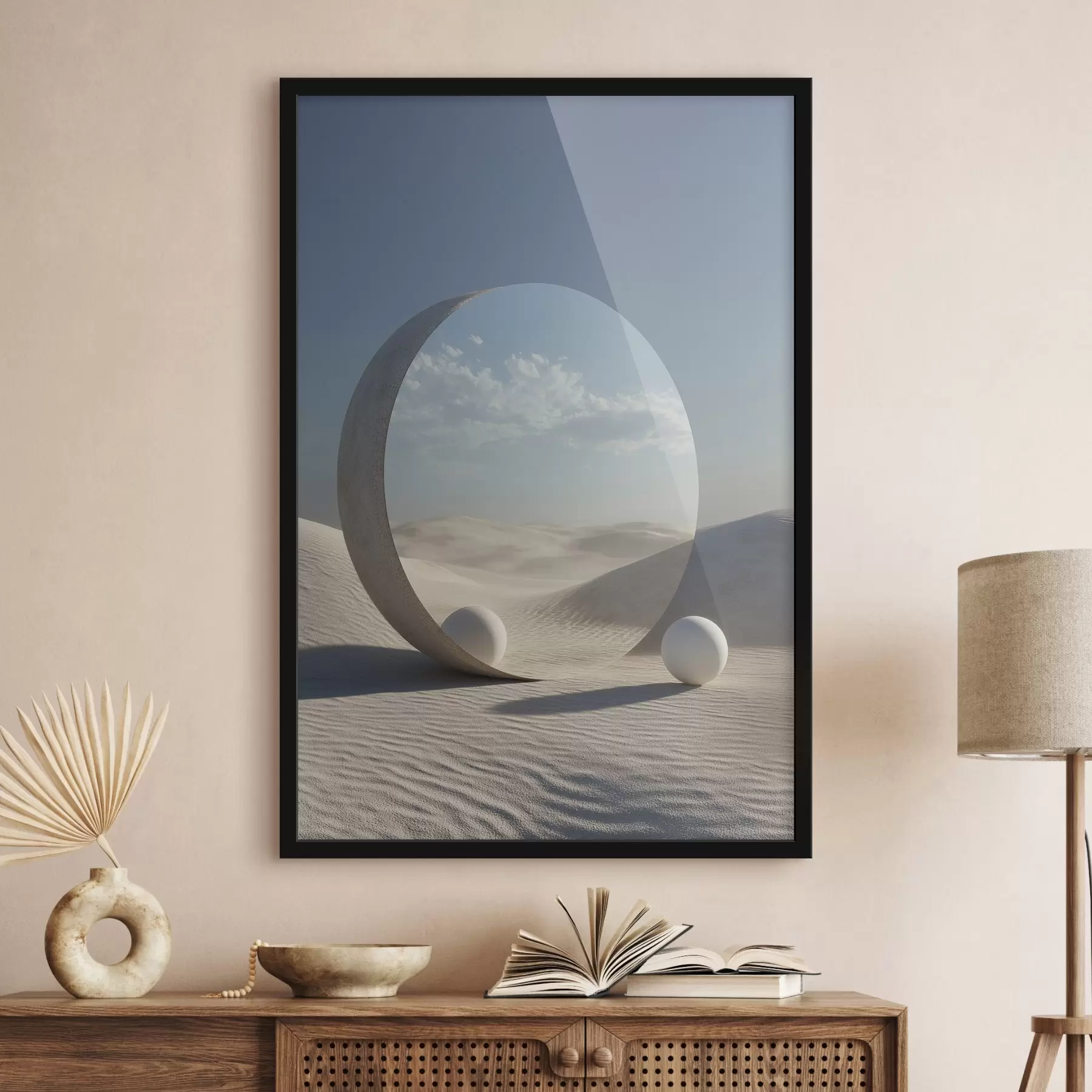 Fototapety Surrealistická púštna krajina s okrúhlym zrkadlom odrážajúcim oblohu a mesiac f44792