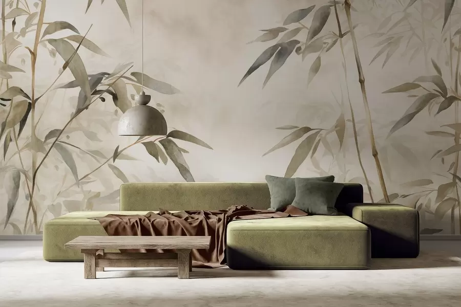 Fototapety Bambusové vetvy s textúrou a listami v akvarelovom štýle, jemná neutrálna farebná paleta, svetlo béžové pozadie w09204