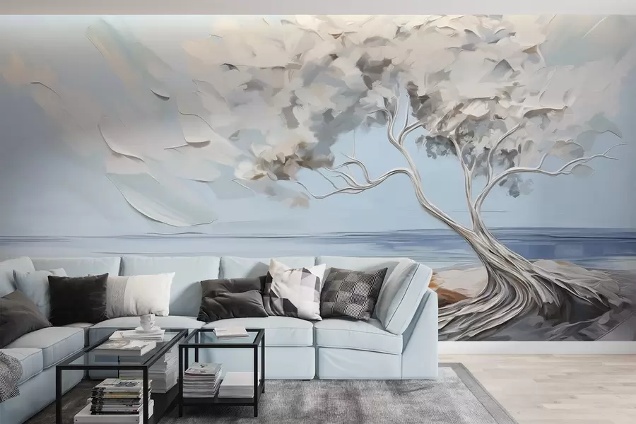 Fototapety Biely strom s hustými a štruktúrovanými listami na piesočnatej pláži, krajina so svetlomodrou oblohou w09205