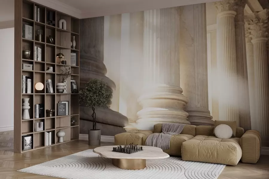 Fototapety Stĺpy, klasická architektúra, elegantný dizajn, textúrovaná symetrická kompozícia, neutrálna paleta farieb w09209