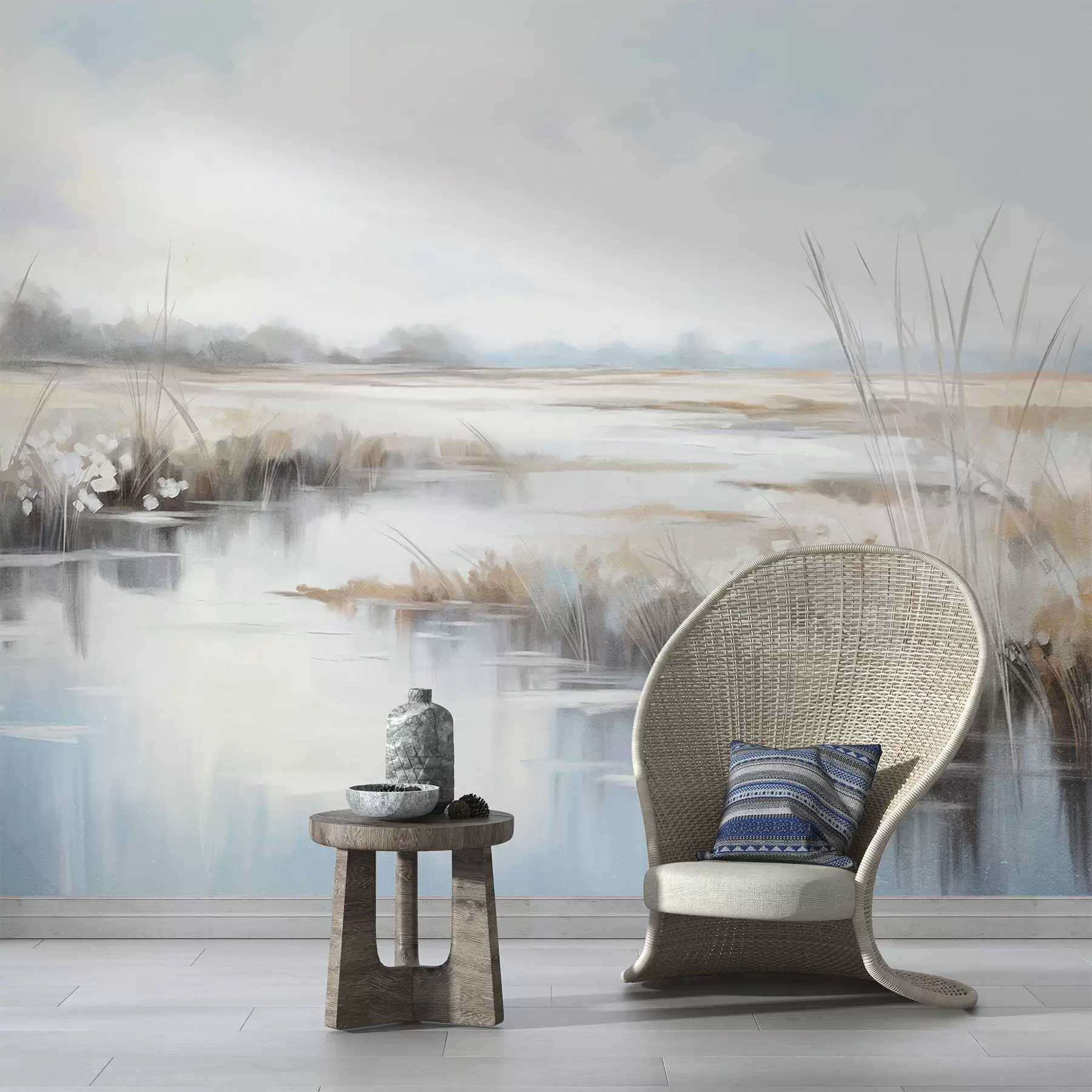 Fototapety Textúrovaná pokojná krajina s vysokou trávou a pokojnou vodou, jemné pastelové farby, vzdialené stromy na horizonte w09213