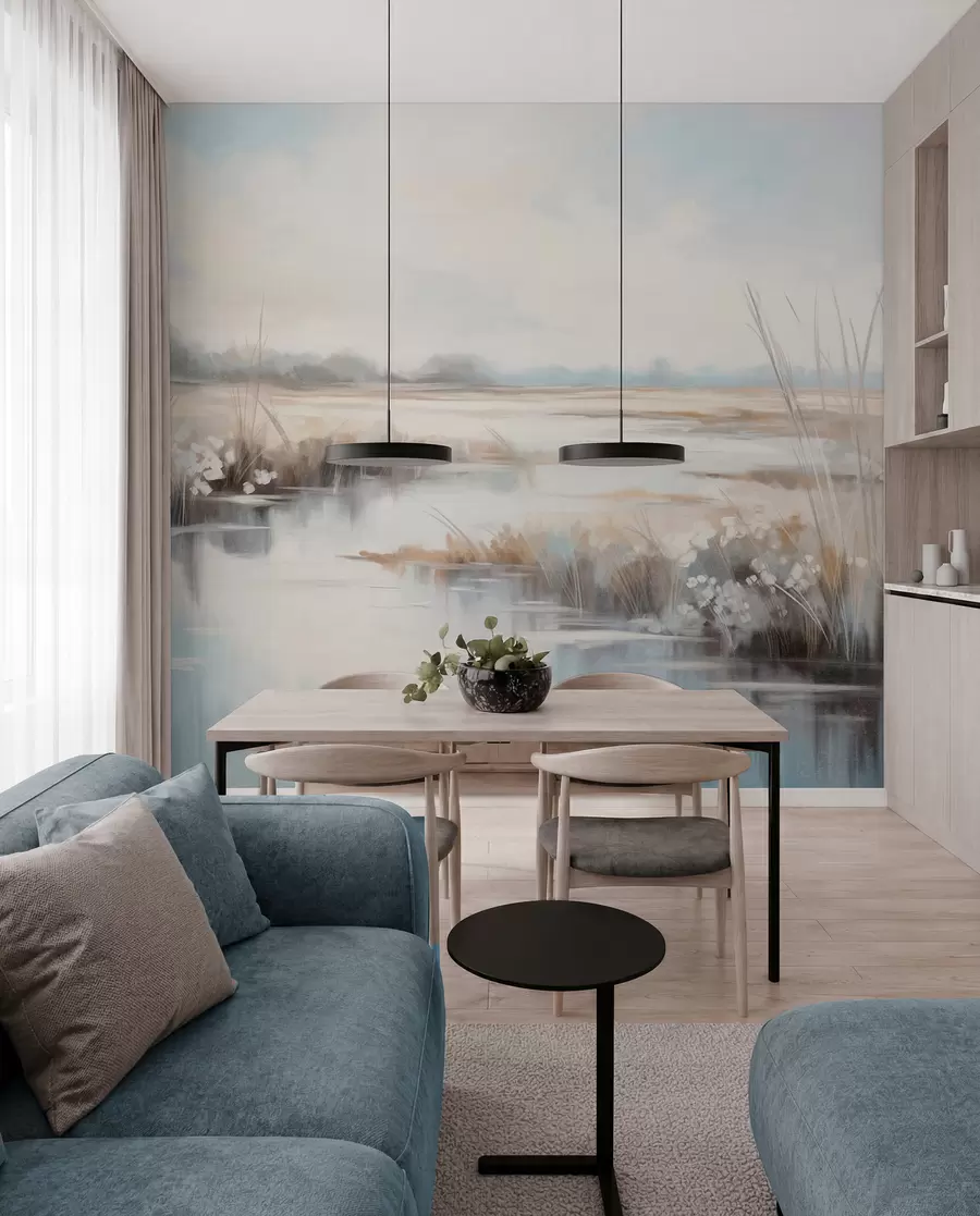 Fototapety Textúrovaná pokojná krajina s vysokou trávou a pokojnou vodou, jemné pastelové farby, vzdialené stromy na horizonte w09213