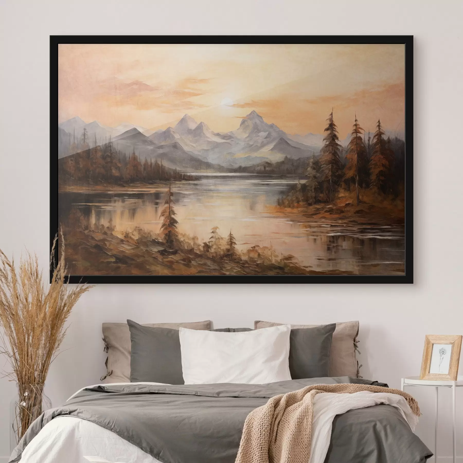 Fototapety Krajina s jazerom obklopeným stromami a horami v pozadí, oranžová obloha so slnkom f44857