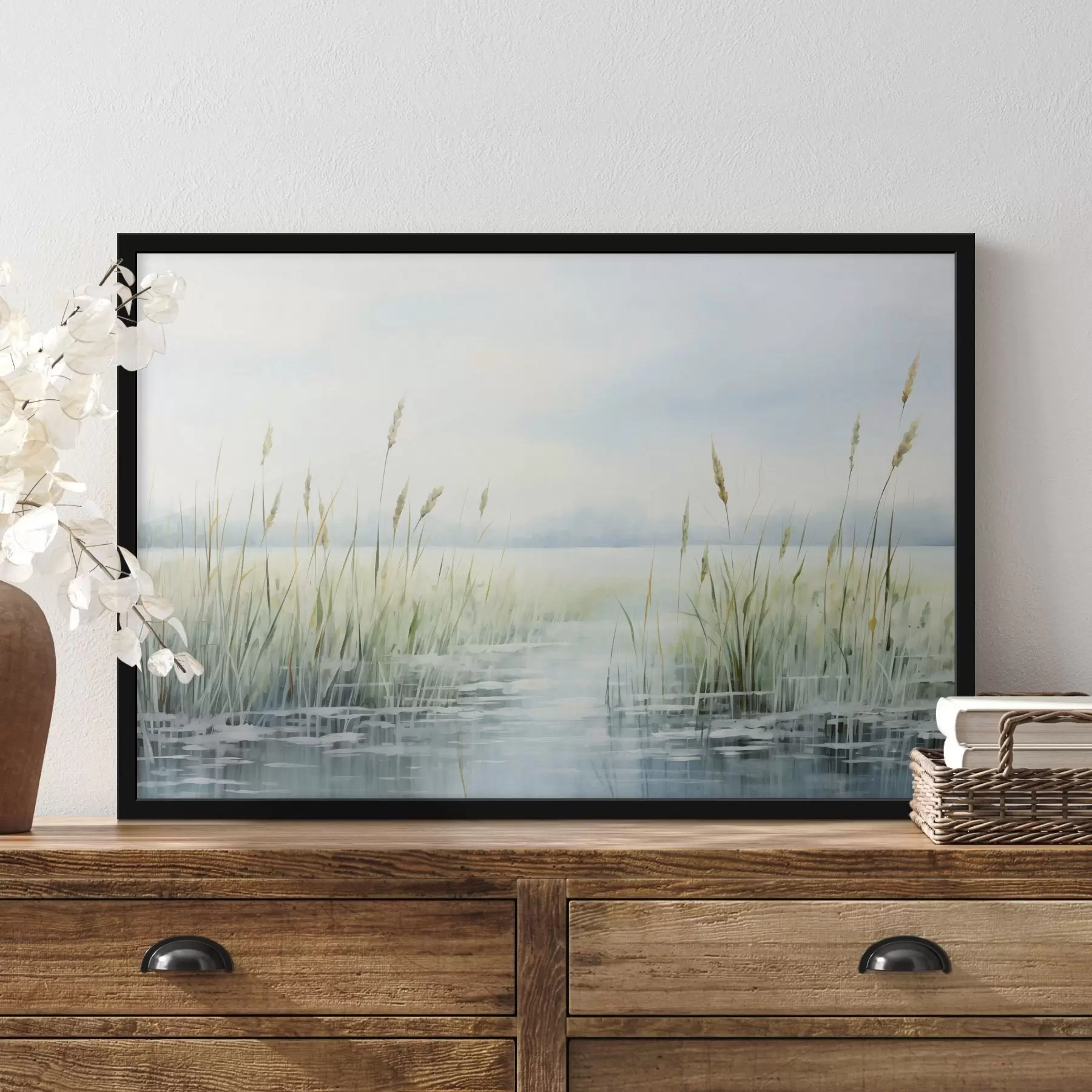 Fototapety Akvarelová maľba imitujúca vysokú trávu rastúcu pri vode , zamračená obloha a rozmazané pozadie f44860