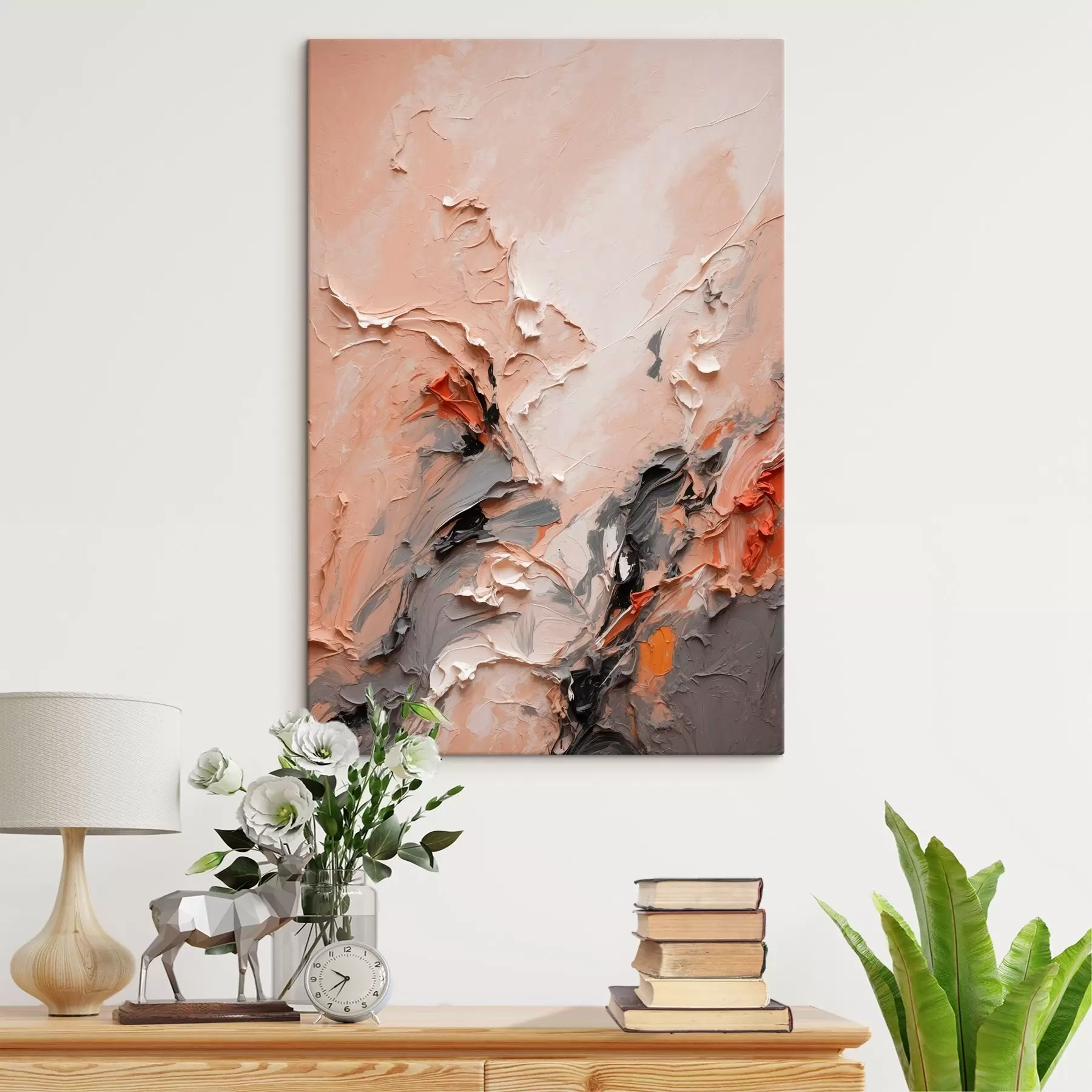 Obraz Abstrakt v broskyňovo sivých tónoch s textúrovanými ťahmi s44873