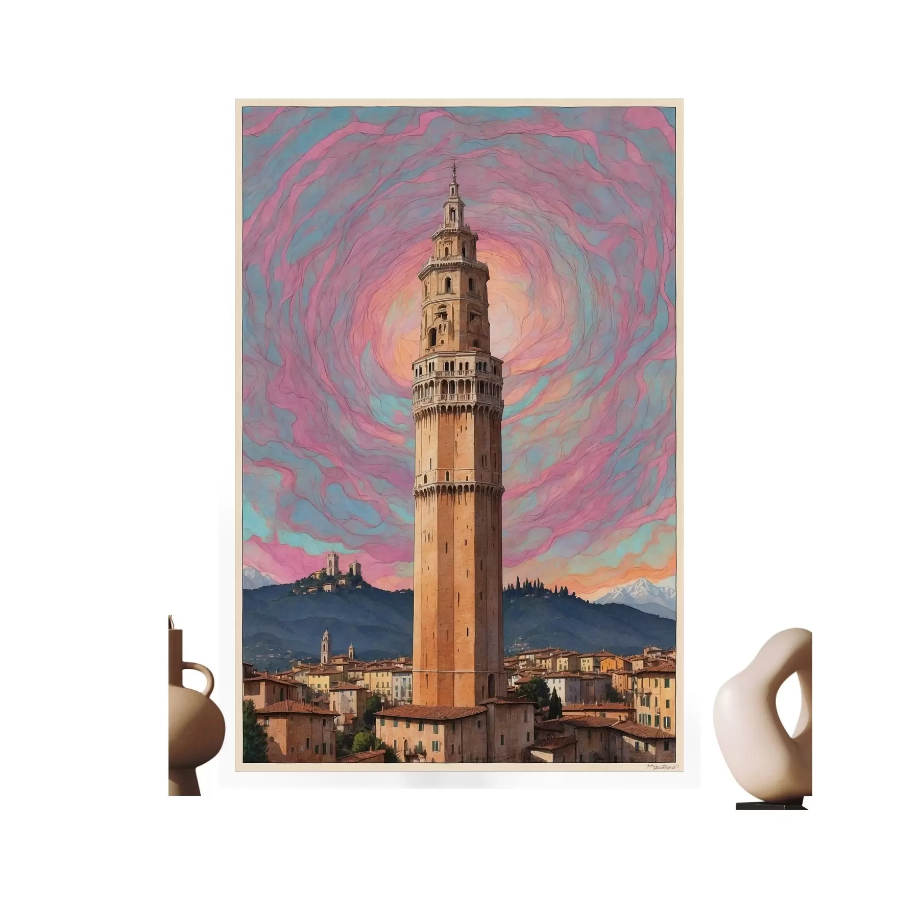 Fototapety Fantasy veža na pozadí oblohy s ružovými a modrými špirálami f44885