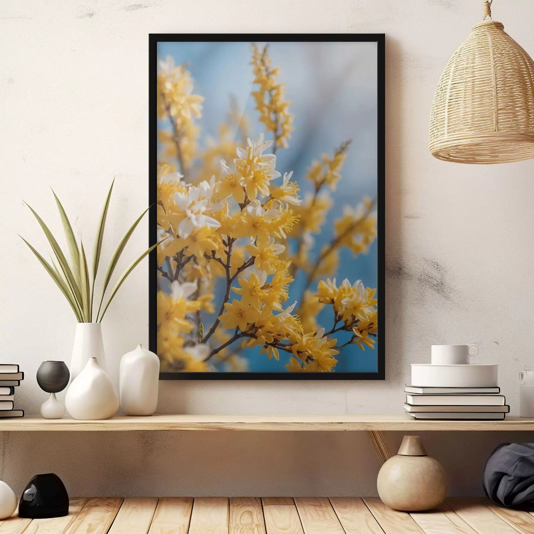 Fototapety Žlté kvety na modrom pozadí s mäkkým zaostrením f44894